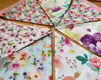 Floral Bird Pastel Spring Blossom Cotton Fabric Bunting Pink, Green & Blue - Small Sized Flags - 10 Flags