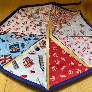 London Bunting Vintage British Airmail, Phone Box, Buses, Stamps, The Queen Nostalgia - Cotton Fabric - Medium Size Flags - 7 or 10 Flags