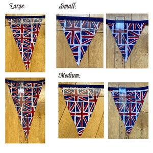 May include: Triangular bunting flags featuring the Union Jack pattern in red, white, and blue. The set includes large, medium, and small sizes, each displayed with a clear plastic ruler to show dimensions in inches for scale and size comparison.