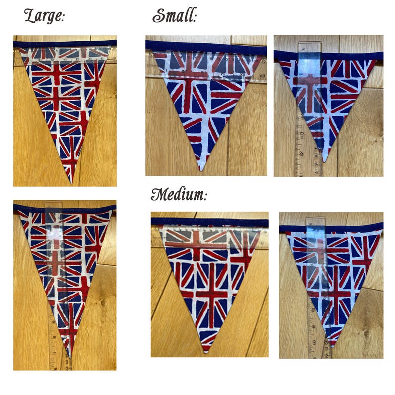 May include: Triangular bunting flags featuring the Union Jack pattern in red, white, and blue. The set includes large, medium, and small sizes, each displayed with a clear plastic ruler to show dimensions in inches for scale and size comparison.