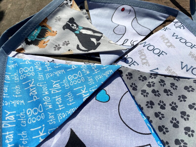 Dog Cartoon and Pawprint Blue, Grey & White Cotton Fabric Bunting Large, Medium or Small Sized Flags 11 Flags image 7