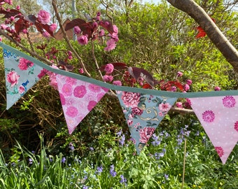 Roses, Peacocks, Peonies & Dahlias Pink and Sage Green Floral Cotton Fabric Bunting - Small and Medium Sized Flags - 8 Flags