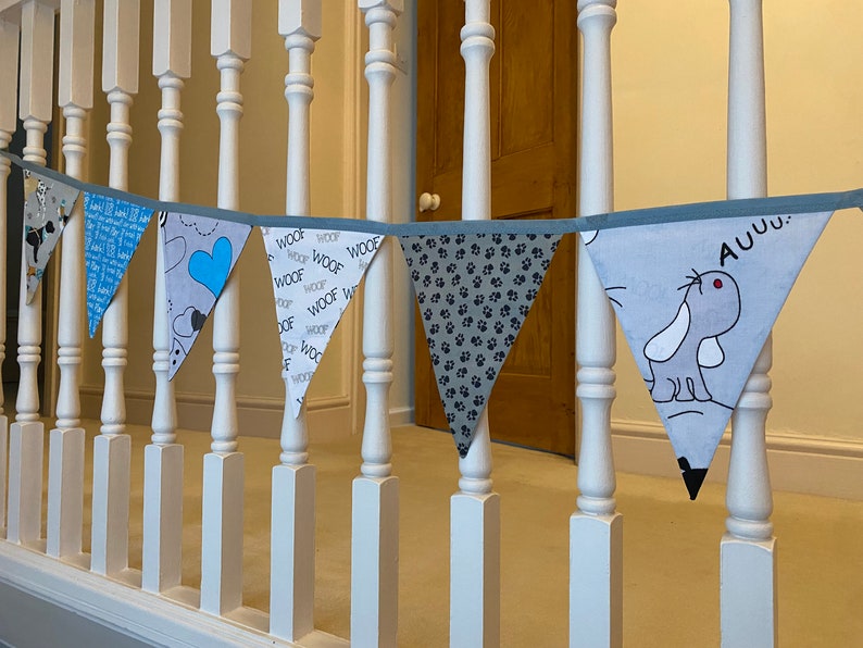 Dog Cartoon and Pawprint Blue, Grey & White Cotton Fabric Bunting Large, Medium or Small Sized Flags 11 Flags image 5