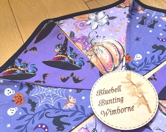 Purple Halloween Bunting: Witch Home & Party Decor, Handmade Cotton Fabric Garland, 6 or 9 Flags