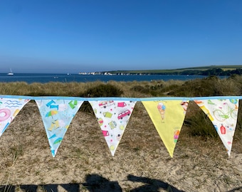 Summer Holidays Camping, Caravan, Campervan, Ice Cream, Sunshine and Beach Cotton Fabric Bunting - Medium & Small Sized Flags - 9 Flags