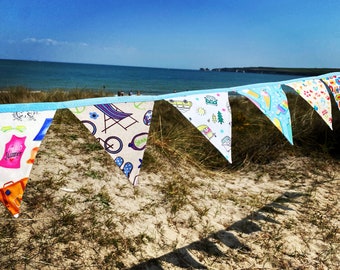 Summer Holiday, Campervan, Caravan, Great British Staycation Camping Cotton Fabric Bunting - Large, Medium or Small Sized Flags - 20 Flags