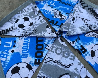 Football Soccer Blue & Grey Premier League, World Cup, Euros Cotton Fabric Bunting - Small Sized Flags - 9 Flags