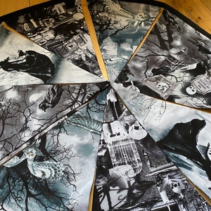 Halloween, Gothic, Witch, Owl, Raven, Skeleton, Black Cat , Wicca Cotton Fabric Bunting Large Sized Flags 10 Flags image 1