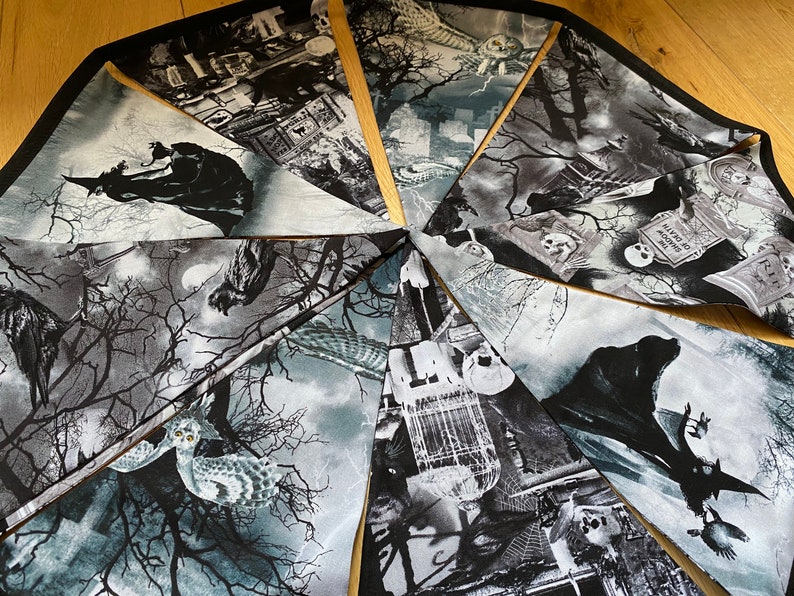 Halloween, Gothic, Witch, Owl, Raven, Skeleton, Black Cat , Wicca Cotton Fabric Bunting Large Sized Flags 10 Flags image 1