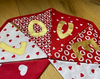 Heart, Love, Valentine, Wedding, Anniversary Red, White & Gold Cotton Fabric Bunting - Medium Sized Flags - 6 Flags