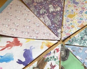Bunny Rabbit Bunting: Spring & Summer Floral Home Decor, Handmade Cotton Fabric Garland, 9 Flags