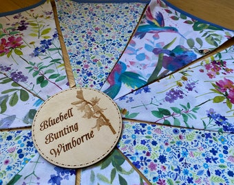 Blue Floral Hummingbird, Wildflowers & Bee Cotton Fabric Bunting 6, 9 or 12 Flags - Large, Medium or Small