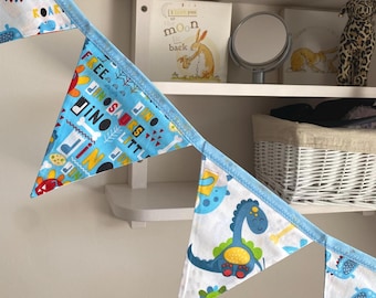 Friendly Dinosaur Bunting: Blue & White Baby Nursery Bedroom Decor, Handmade Cotton Fabric Garland, 9 Flags