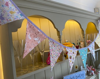 Easter & Spring Florals Cotton Fabric Bunting - Easter Bunnies, Spring Birds - Medium Sized Flags - 9 Flags