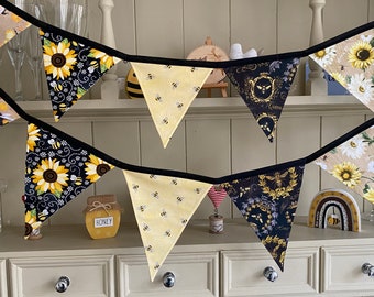 Bee Lovers Honey Hive Inspirational Quote Bee Kind Sunflower Black and Yellow Cotton Fabric Bunting - Medium & Small Sized Flags - 10 Flags