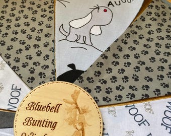 Dog Bunting: Paw Print Blue Grey & White Kennel Handmade Cotton Fabric Garland, 11 Flags