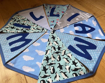 Blue & White Boy Themed Personalised Name Cotton Fabric Bunting - Large Sized Flags