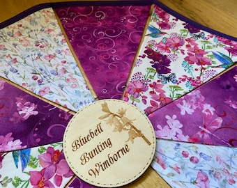 Floral Hummingbird, Dragonfly, Orchid, Wildflower Blossom Pink Purple & White Cotton Fabric Bunting - Large, Medium or Small - 8 or 12 Flags