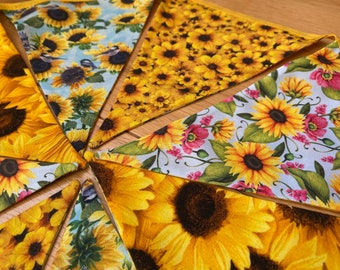 Sunflower Summer Celebration Bird Cotton Fabric Bunting - Medium or Small Sized Flags - 8 Flags