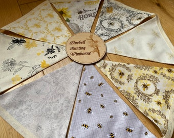 Bee Beehive Queen Bee Honey Neutral Tones Cotton Fabric Bunting - Medium or Small Sized Flags - 8 Flags