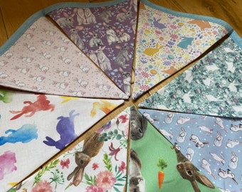 Bunny Rabbit Bonanza Spring Easter Hutch or Run Cotton Fabric Bunting - Medium or Small Sized Flags - 9 Flags