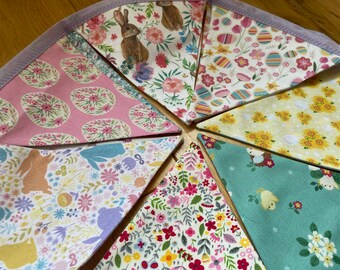 Easter & Spring Floral Goose, Rabbit Cotton Fabric Bunting - Large, Medium or Small Sized Flags - 11 Flags
