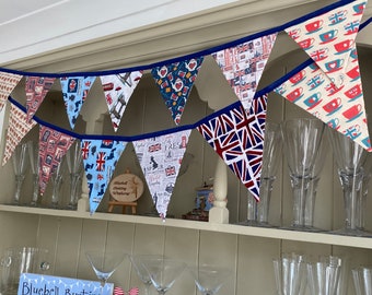 British Monarchy Royal Nostalgia Crown, Union Jack, Teacups & Stamps Cotton Fabric Bunting - Small or Medium Sized Flags - 6 or 7 Flags