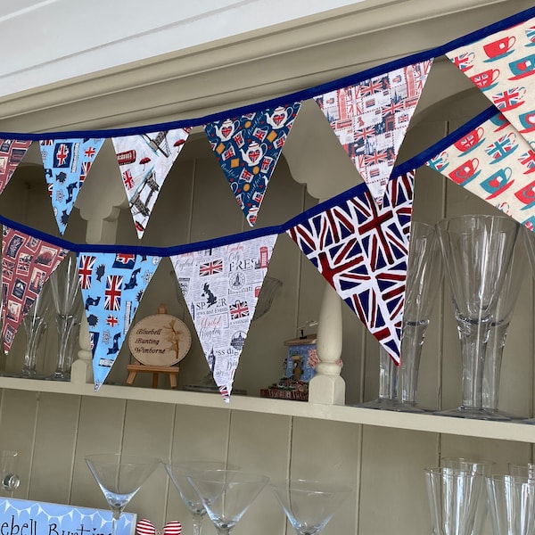 British Monarchy Royal Nostalgia Crown, Union Jack, Teacups & Stamps Cotton Fabric Bunting - Small or Medium Sized Flags - 6 or 7 Flags