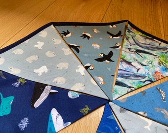 Nautical Sea Coastal Creatures - Narwhales, Walruses, Puffins, Polar Bears - Cotton Fabric Bunting - Small or Medium Sized Flags - 7 Flags