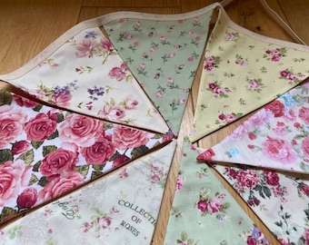 Floral English Roses Country Cottage Garden - Green, Creams & Yellow Cotton Fabric Bunting - Large, Medium or Small Sized Flags - 8 Flags