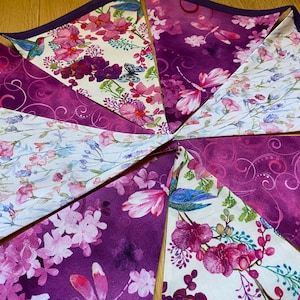 Floral Hummingbird, Dragonfly, Orchid, Wildflower Blossom Pink Purple & White Cotton Fabric Bunting - Large, Medium or Small - 8 or 12 Flags