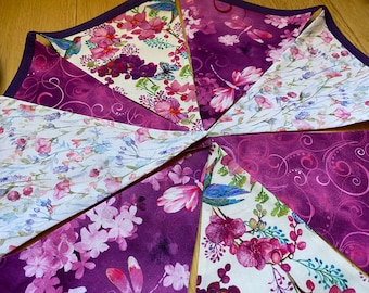 Floral Hummingbird, Dragonfly, Orchid, Wildflower Blossom Pink Purple & White Cotton Fabric Bunting - Large, Medium or Small - 8 or 12 Flags