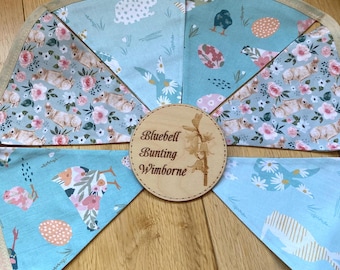 Spring Bunny & Chick Bunting: Easter Garden Floral Handmade Cotton Fabric Garland, 6 Flags