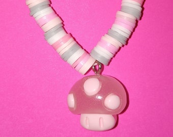 Toadstool Mushroom charm bracelette, pastel colored heishi clay beads, customizeable kids gift