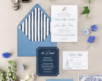 Coastal Wedding Invitation Suite, Elegant Navy and White