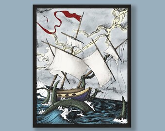 Kraken Shipwreck Art Print, Nautical Fantasy Wall Art, Gifts for Him, Sea Monster Painting, Stormy Sea, Ocean maritime mythology Décor