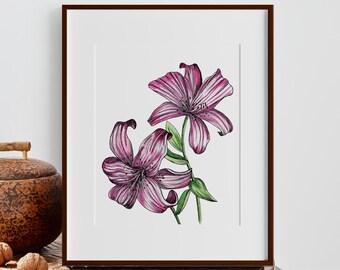 Stargazer Lily Watercolor Print, Pink Lilies, Floral Wall Art, Botanical Print, Floral Home Decor Cottage Garden