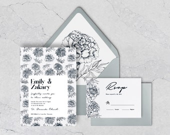 Blue and White Wedding Invitations, Modern Floral Pattern, 5 Piece Suite, Custom Wedding Stationery