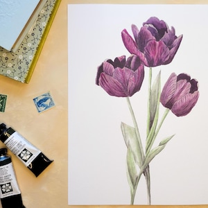 Purple Tulip Watercolor Painting for Wall Art Home Decor Gifts for Her, Housewarming Gift Hand Painted Flower Art Print Present for Mom