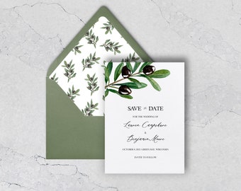 Watercolor Olive Save the Date Card, Mediterranean Green, Wedding Announcement Card