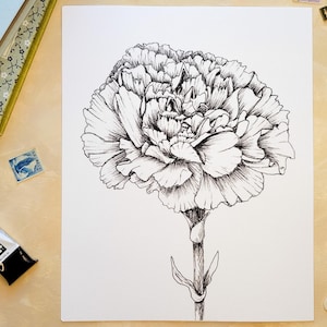 Rabatt-Tinte Nelke Zeichnung - Schwarz-Weiß-Januar Geburt Blumendruck, leicht verschwommene Blumenkunst, schöne Schnäppchen Wanddekor