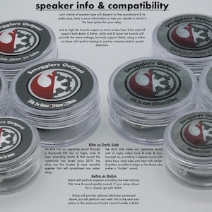 May include: A comparison chart of 8 ohm and 4 ohm speakers for use with soundboards. The chart shows the different speaker types, their compatibility, and their sound characteristics. The speakers are labeled with the brand name "Smugglers Outpost" and feature a Rebel Alliance logo.
