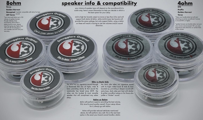 May include: A comparison chart of 8 ohm and 4 ohm speakers for use with soundboards. The chart shows the different speaker types, their compatibility, and their sound characteristics. The speakers are labeled with the brand name "Smugglers Outpost" and feature a Rebel Alliance logo.