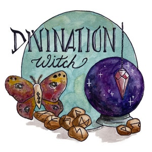 May include: Watercolor illustration of a divination witch theme with a moth, runes, a crystal ball, and a pendulum. The text "Divination Witch" is written in a stylized font.
