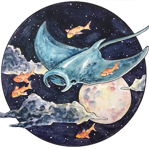 Celestial Manta Ray Art Print Watercolor Illustration