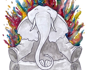 May include: A watercolor painting of a gray elephant sitting in a meditative pose with its trunk curled up. The elephant is surrounded by a colorful burst of watercolor paint in shades of red, yellow, blue, and green.