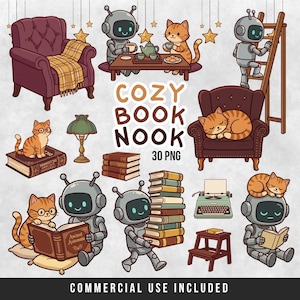 Könnte beinhalten: Eine digitale Illustration mit dem Thema einer gemütlichen Leseecke. Sie zeigt einen Roboter, Katzen, Sessel, Bücher, eine Schreibmaschine und den Text "COZY BOOK NOOK 30 PNG". Das Bild hat eine warme Farbpalette und einen Cartoon-Stil.