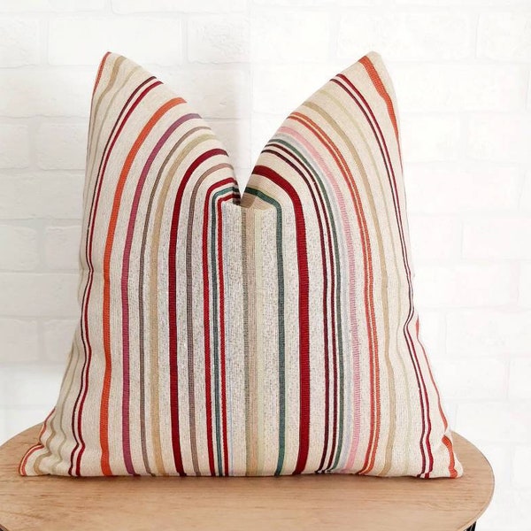 Striped pillow cover, coordinate neutral pillow, colourful stripes pillow, red green burnt orange stripes pillow cover, decorative pillow,