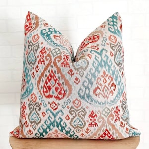 Turquoise Pillow Cover Coral Cushion Modern Ikat Pillow Euro Sham Pillow Cover Textured Cushion Ikat Pillow Cover Burnt Orange Pillow Cover