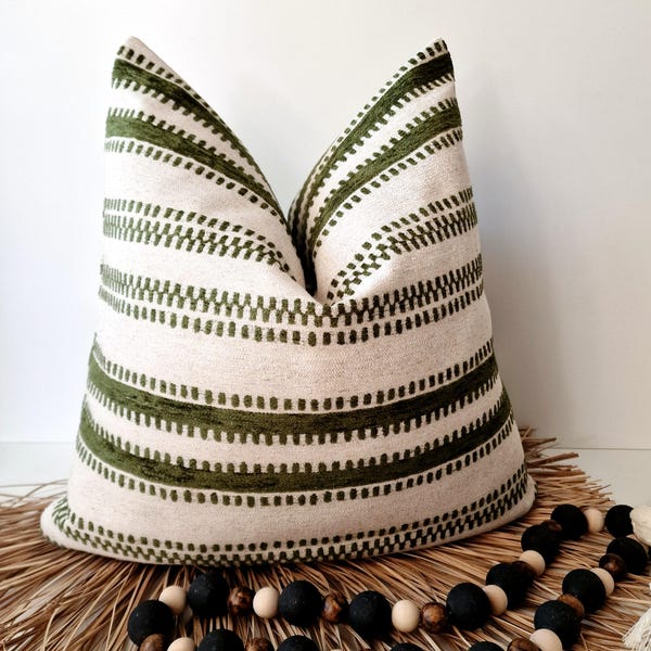 Green Striped Pillow Cover: Bohemian Tribal Cushion Green Chenille euro Sham